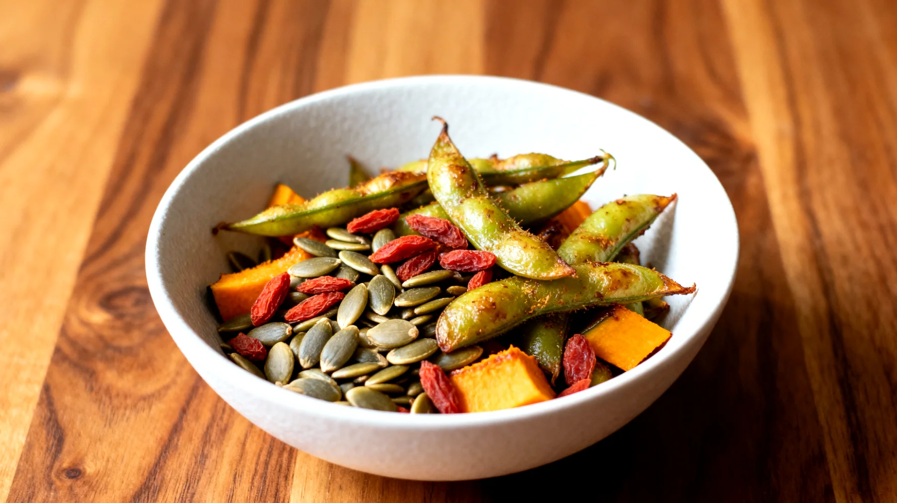 Edamame tostati con semi di zucca e bacche di goji"
