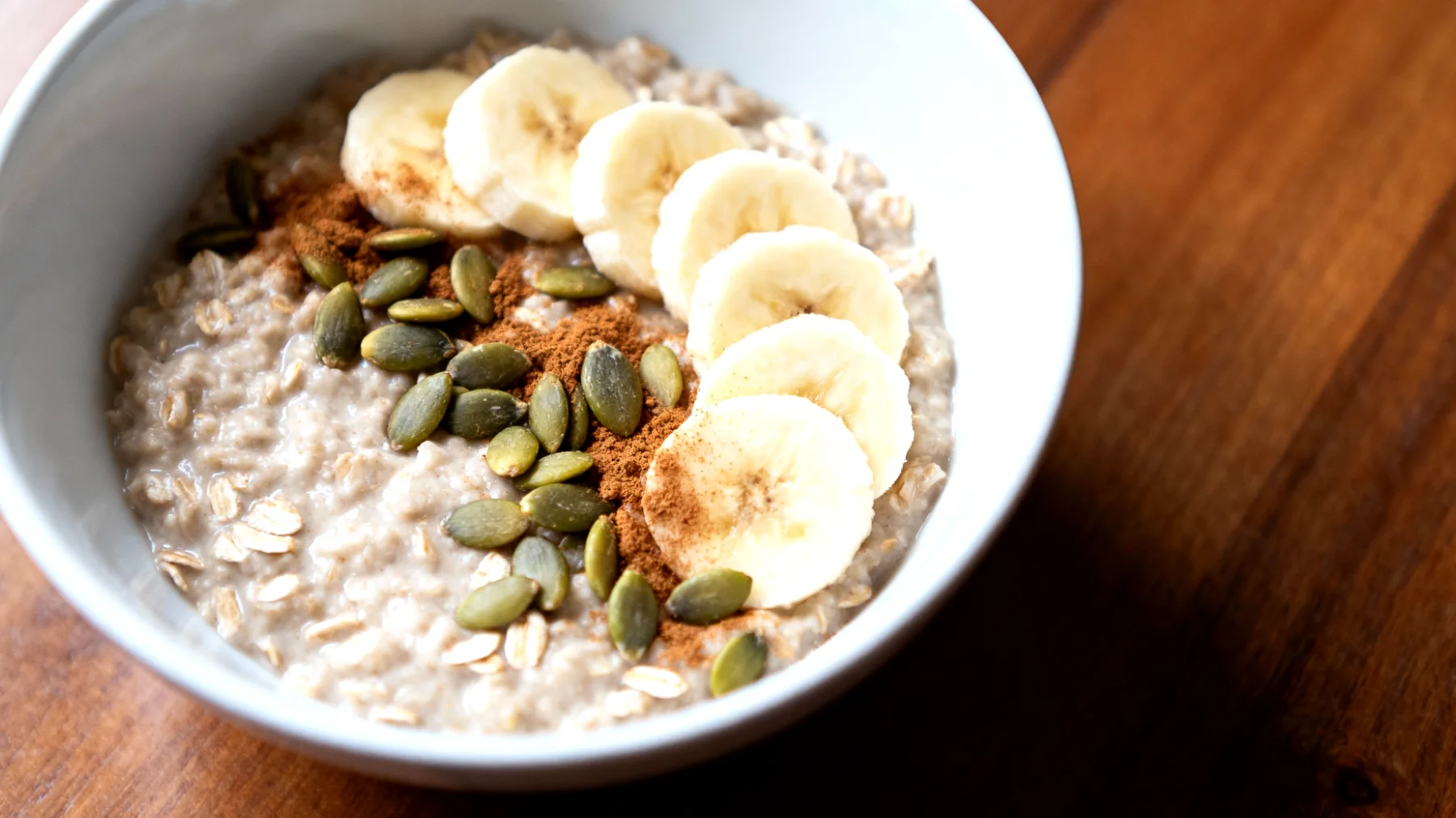 Porridge di avena con semi di zucca, banana e cannella"