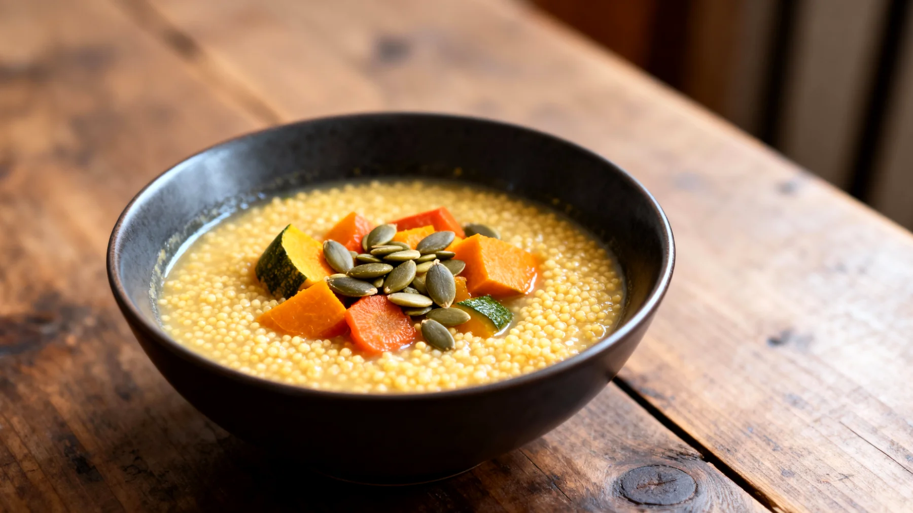 Zuppa di miglio con verdure di stagione e semi di zucca"