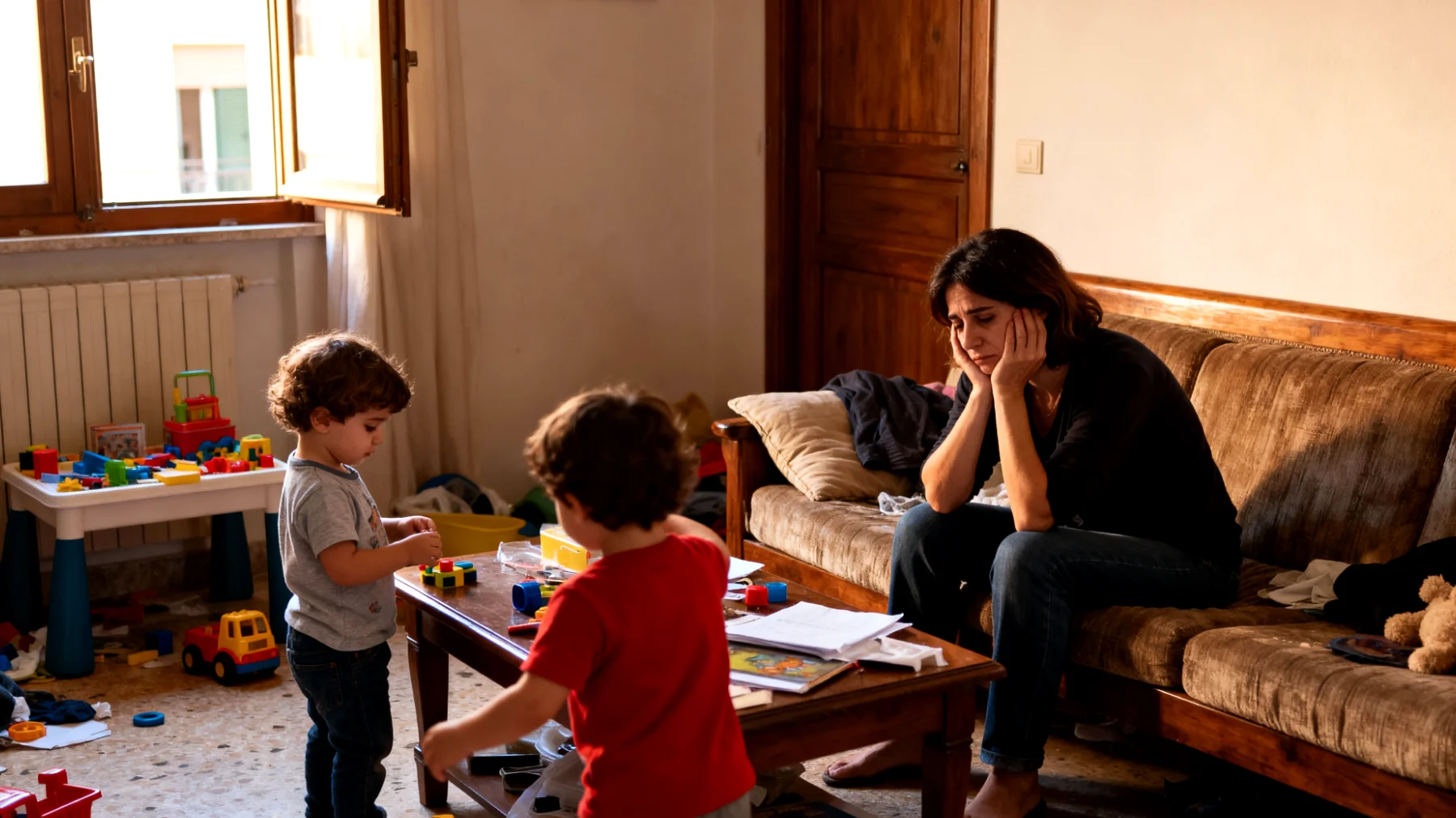 Mamma di bambini piccoli che si sente sopraffatta dalla stanchezza quotidiana e non riesce a trovare il tempo per sé stessa, sentendosi in colpa quando non risponde prontamente ai bisogni dei figli"