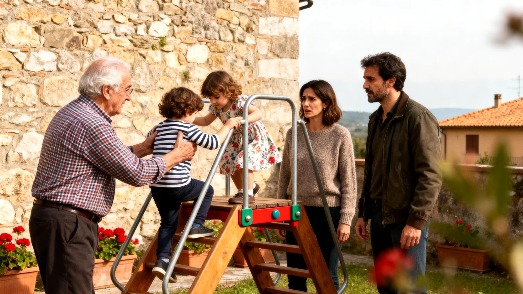 Il nonno tende a proteggere eccessivamente i nipoti bambini, impedendo loro di sperimentare piccole sfide quotidiane, di fare errori e di sviluppare autonomia adeguata alla loro età, creando tensioni con i genitori e limitando la crescita dei bambini"