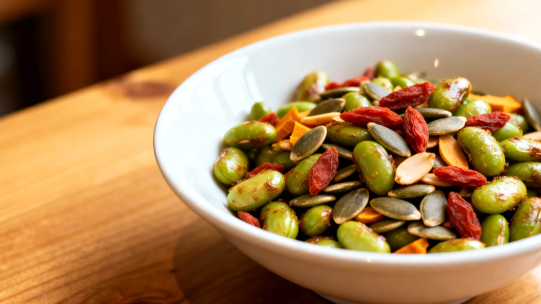 Edamame tostati con semi di zucca e bacche di goji"