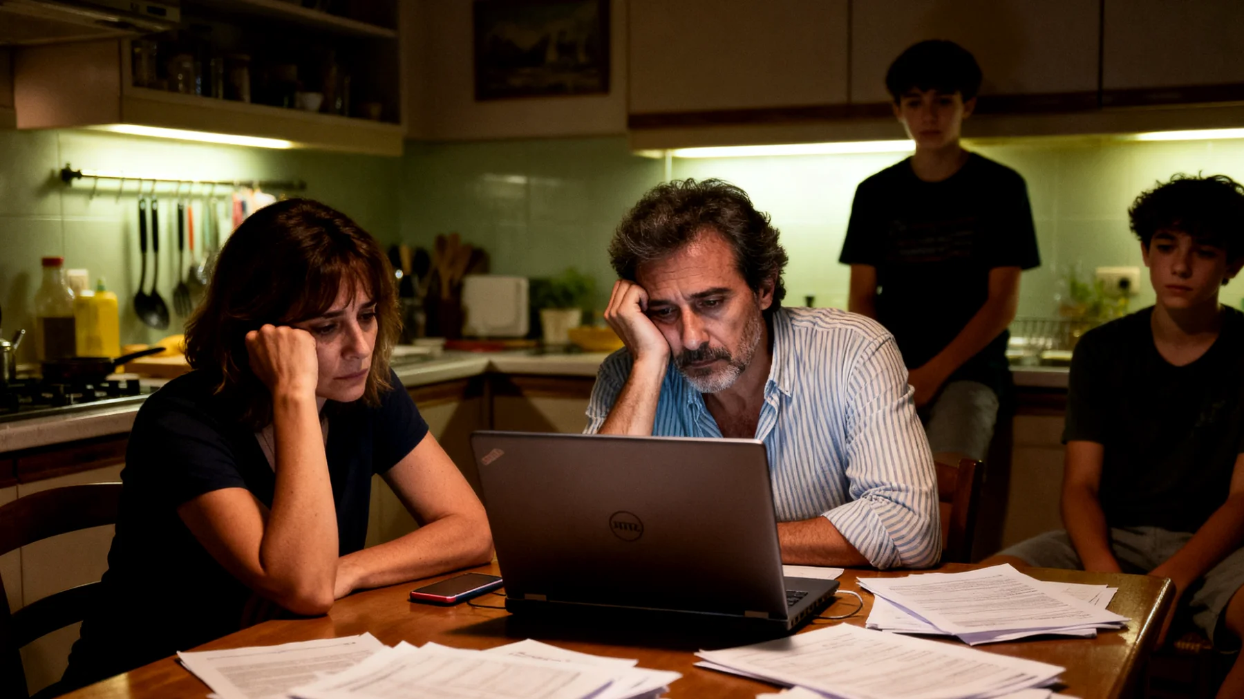 Genitori esausti che faticano a trovare energie ed equilibrio tra lavoro, gestione familiare e bisogni emotivi di figli adolescenti"