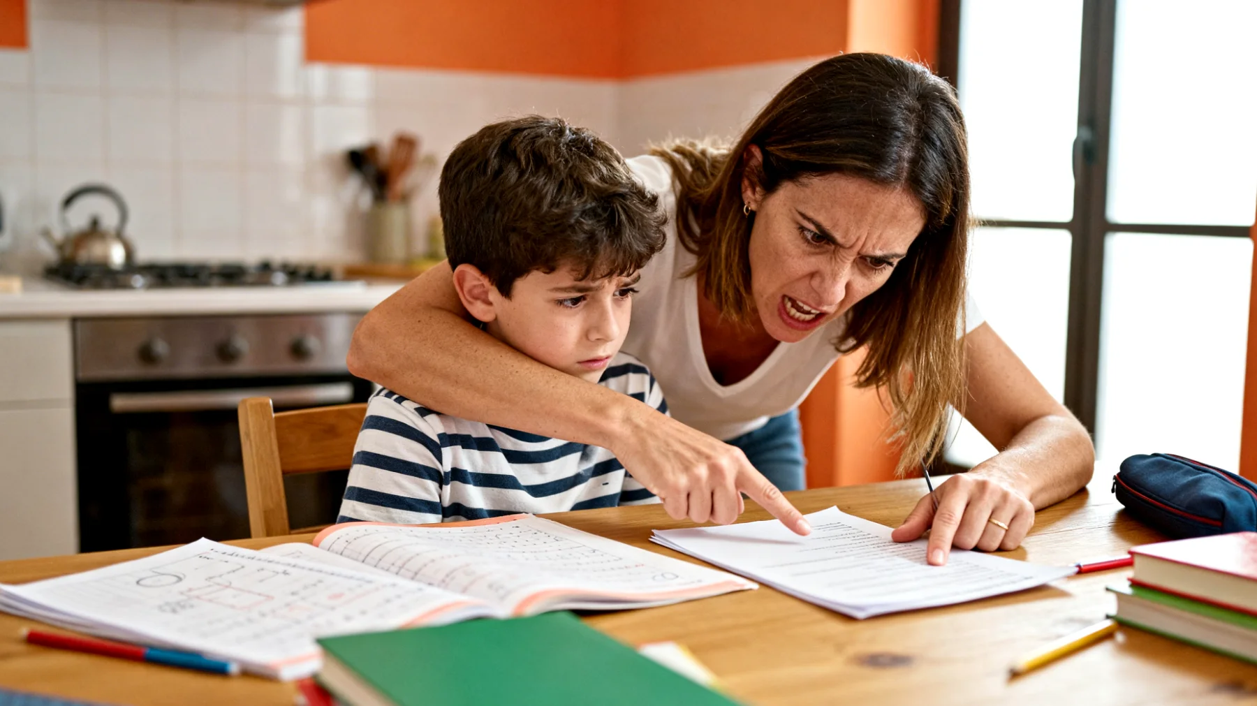 Una mamma che esercita pressioni eccessive sui propri bambini riguardo le performance scolastiche, le attività sportive o artistiche, creando aspettative troppo elevate che generano ansia, stress e paura di deludere, compromettendo il benessere emotivo dei piccoli e la serenità del rapporto madre-figli."