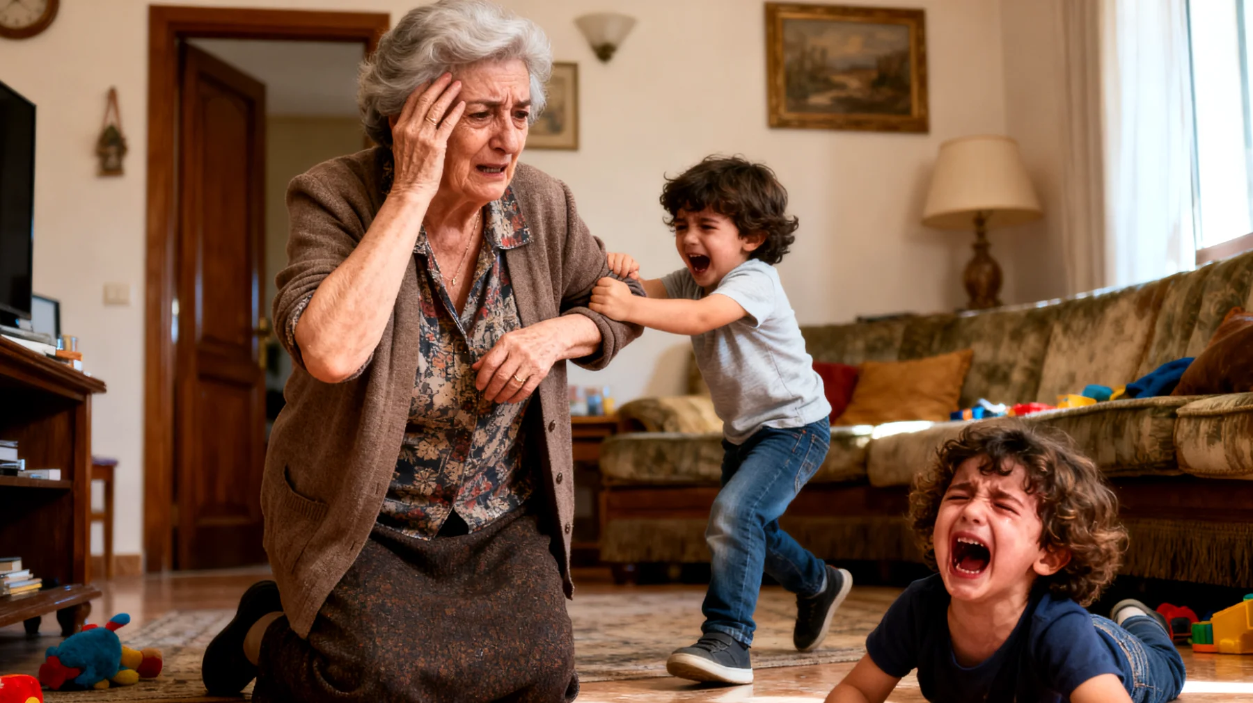 Nonna che fatica a gestire le reazioni intense dei nipoti bambini quando non ottengono ciò che vogliono, con scoppi d'ira, capricci prolungati e difficoltà nel calmarli e insegnare loro ad accettare i 'no' e le situazioni che non vanno come desiderato"