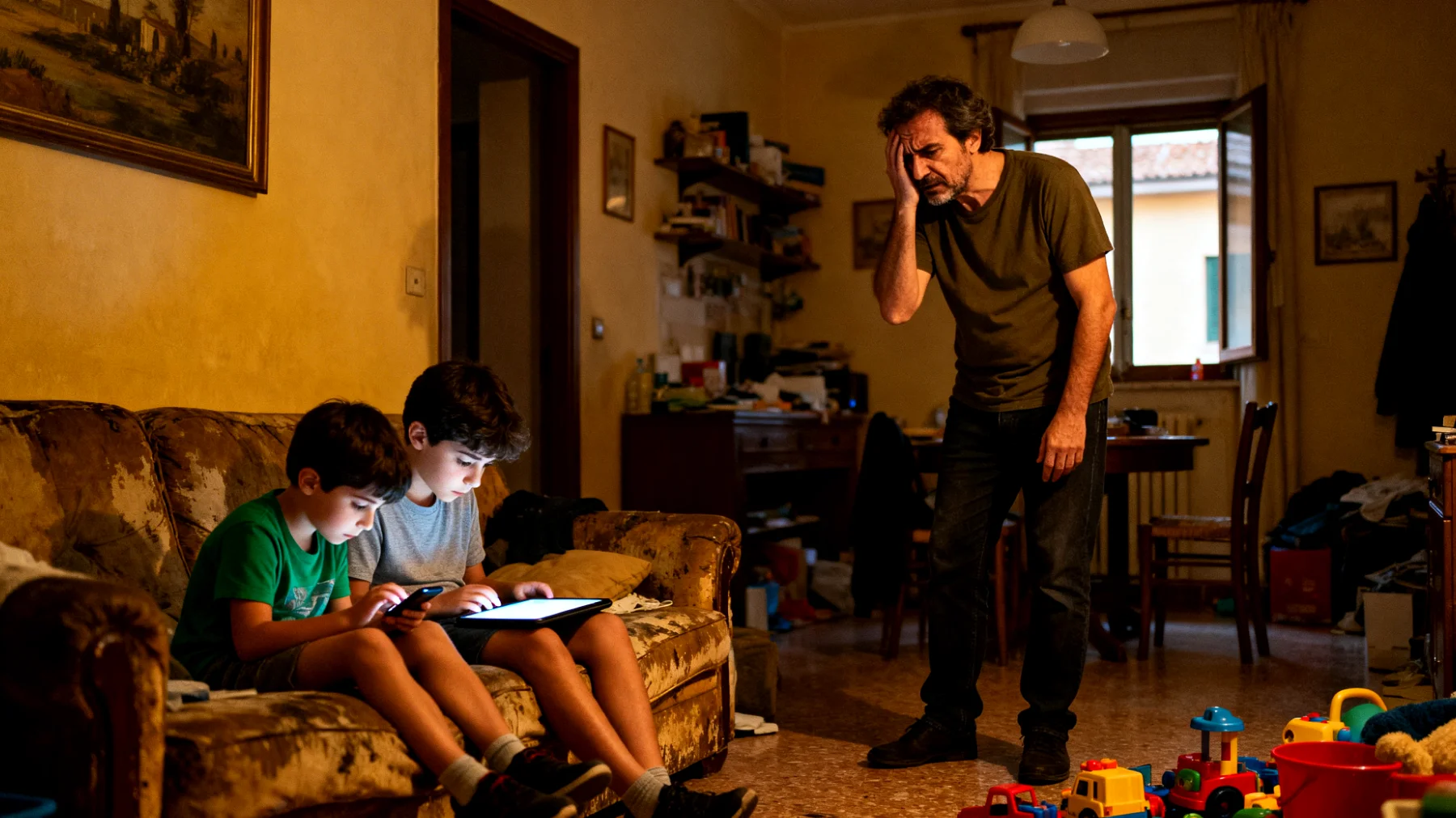 Un papà fatica a gestire l'uso eccessivo di smartphone, tablet e videogiochi da parte dei suoi bambini, che trascorrono troppo tempo davanti agli schermi invece di dedicarsi ad altre attività, creando conflitti quotidiani in famiglia"